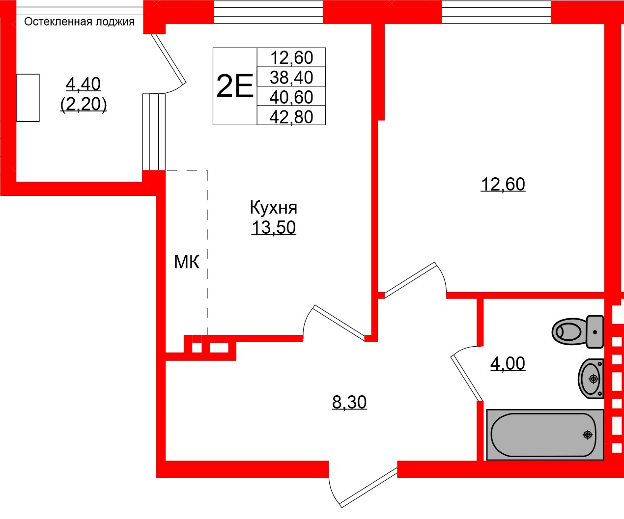 Квартира в ЖК Кроны и Волны, 1 комнатная, 40.6 м², 3 этаж