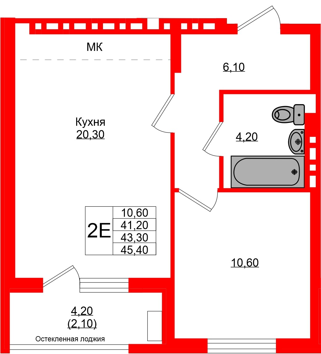 Квартира в ЖК Кроны и Волны, 1 комнатная, 43.3 м², 2 этаж