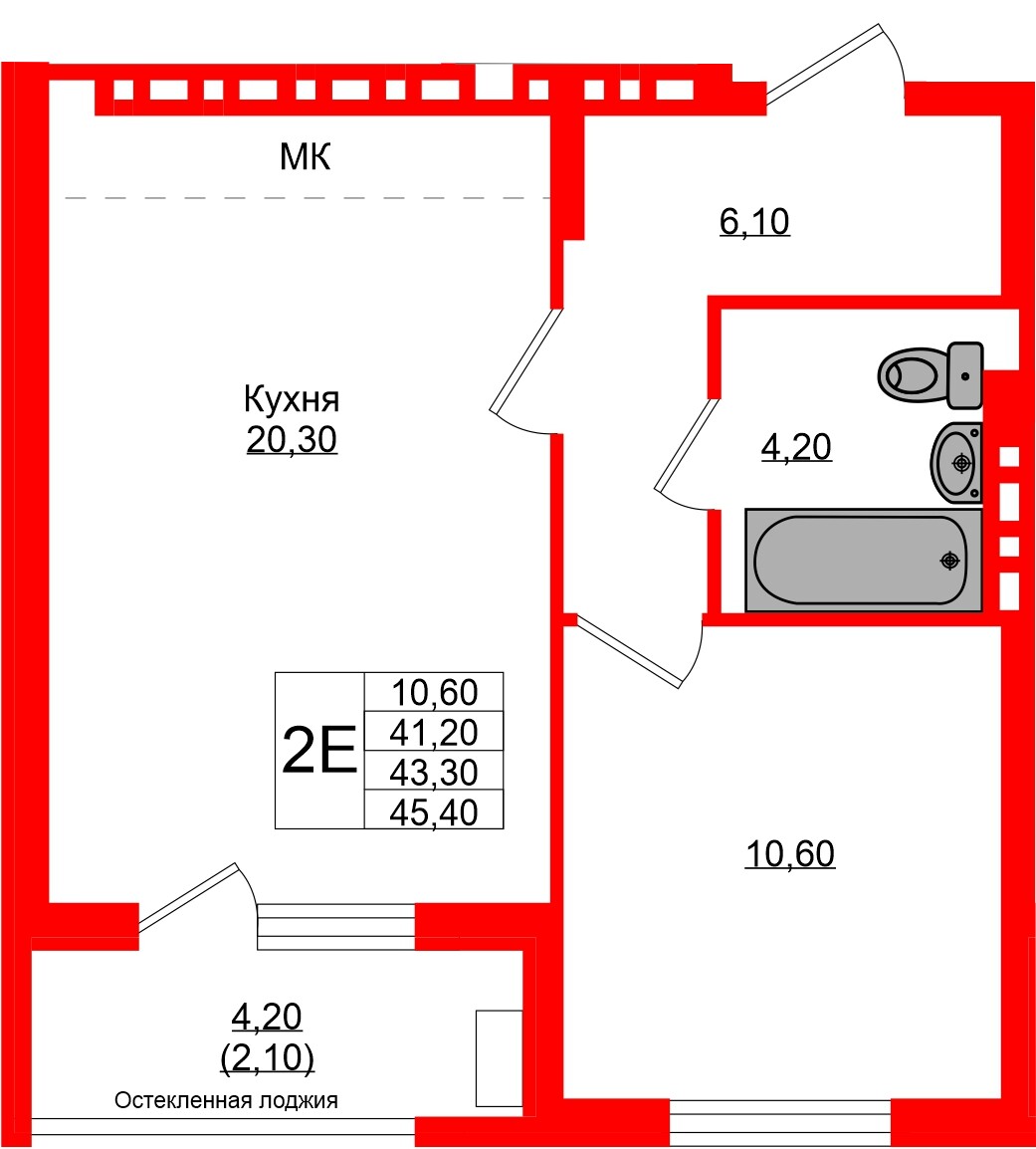 Квартира в ЖК Кроны и Волны, 1 комнатная, 43.3 м², 4 этаж