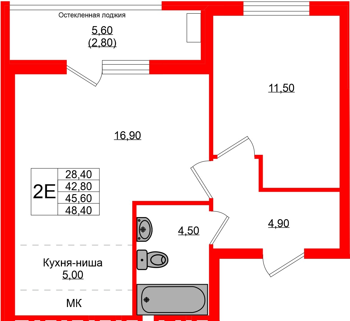 Квартира в ЖК Кроны и Волны, 2 комнатная, 45.6 м², 2 этаж