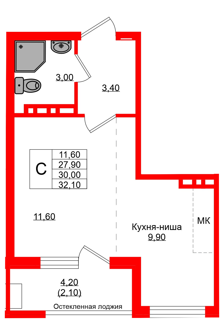 Квартира в ЖК Кроны и Волны, студия, 30 м², 2 этаж