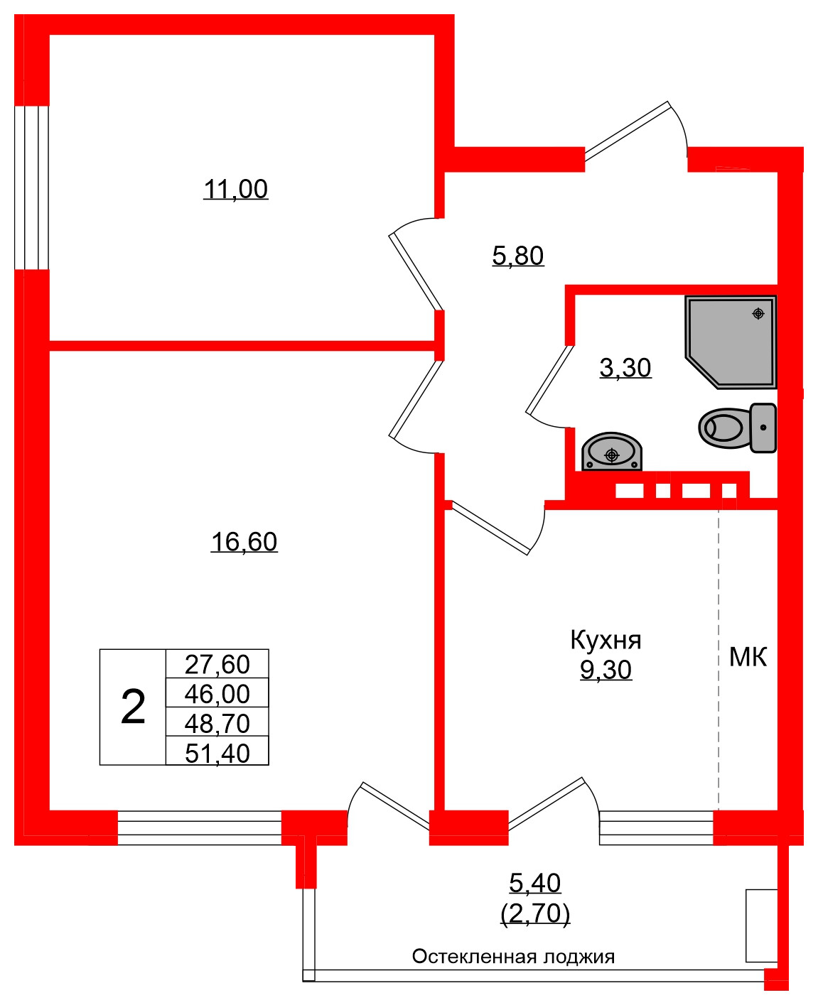 Квартира в ЖК Кроны и Волны, 2 комнатная, 48.7 м², 2 этаж