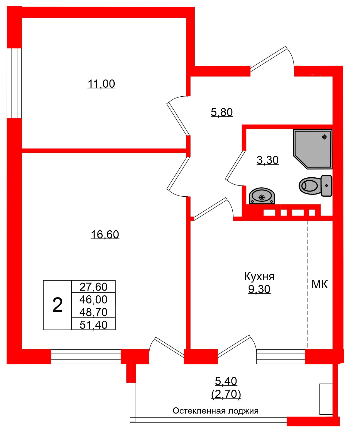 Квартира в ЖК Кроны и Волны, 2 комнатная, 48.7 м², 3 этаж