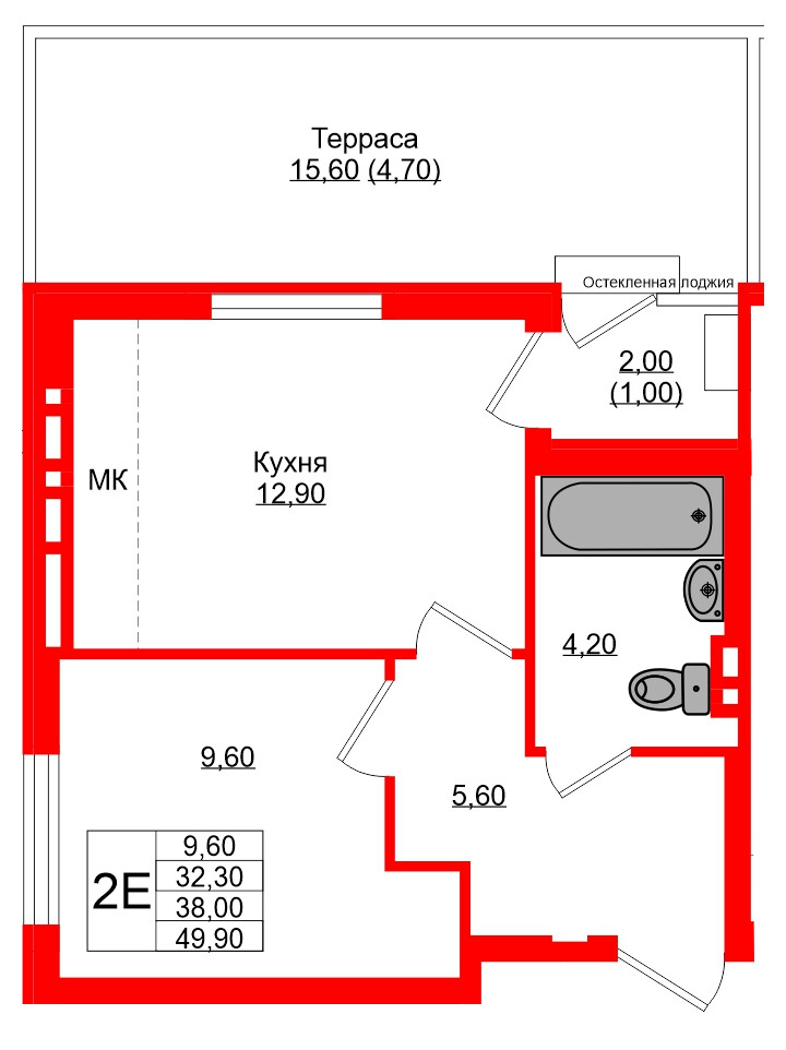 Квартира в ЖК Кроны и Волны, 1 комнатная, 38 м², 1 этаж