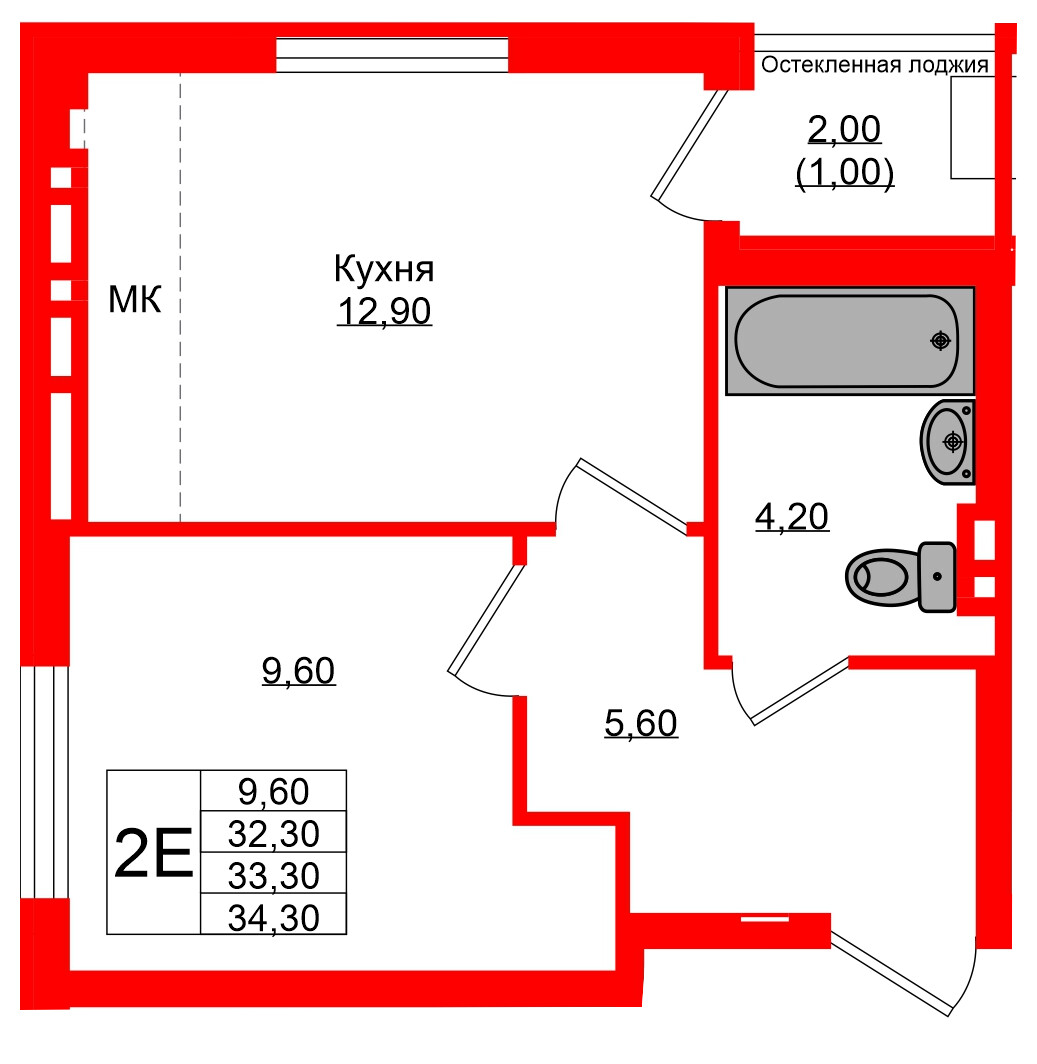Квартира в ЖК Кроны и Волны, 1 комнатная, 33.3 м², 3 этаж