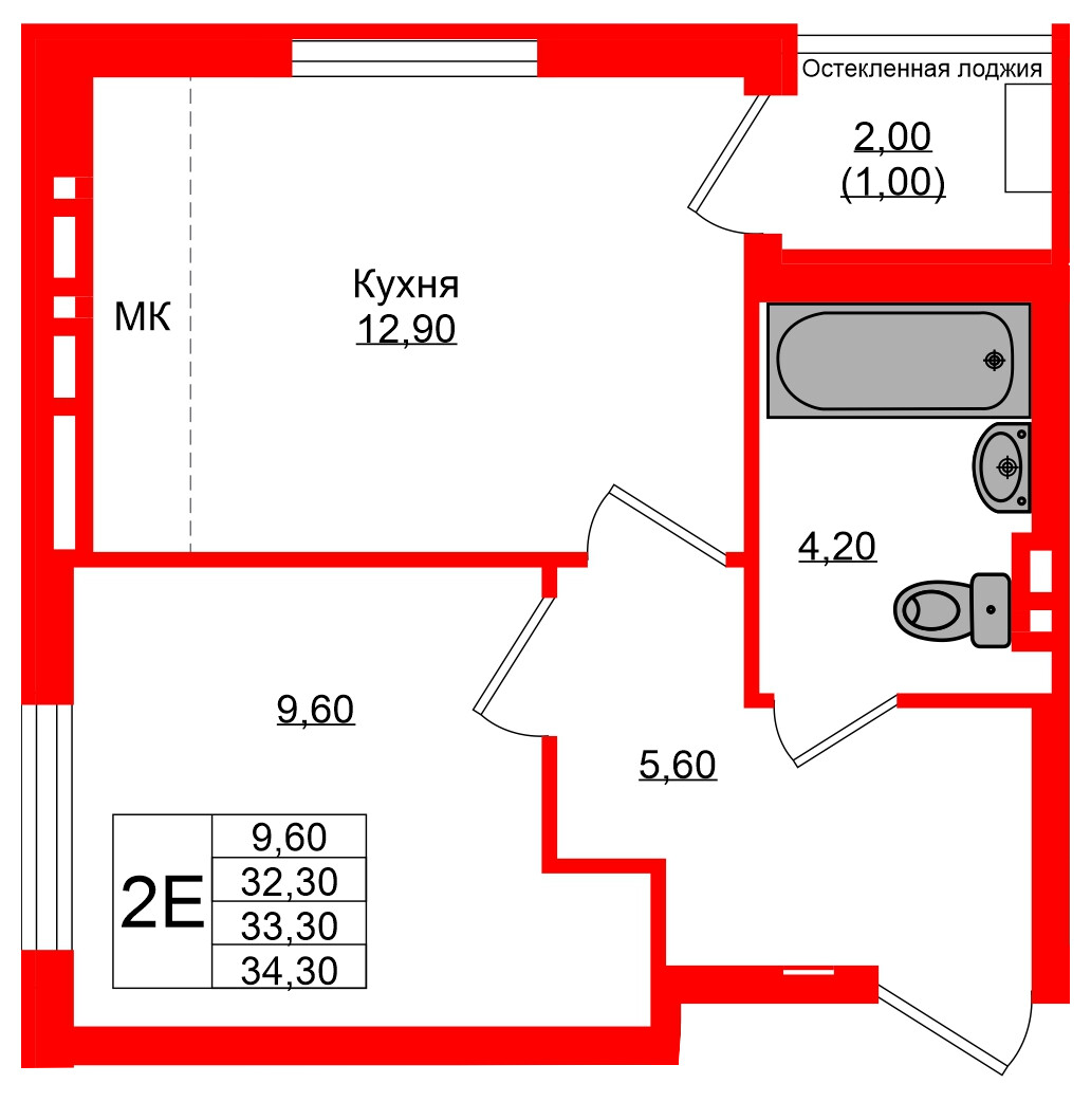 Квартира в ЖК Кроны и Волны, 1 комнатная, 33.3 м², 4 этаж