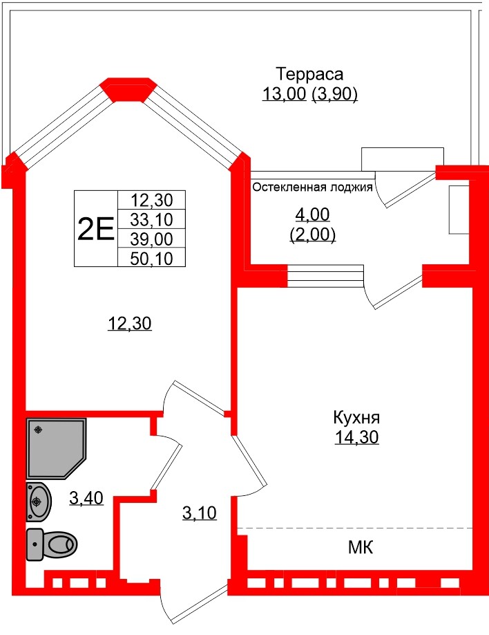 Квартира в ЖК «Кроны и Волны», 1 комнатная, 39 м², 1 этаж
