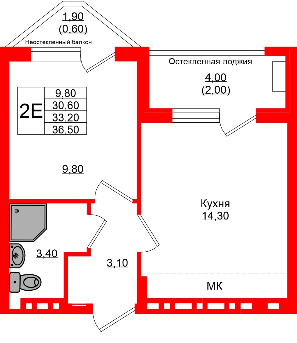 Квартира в ЖК «Кроны и Волны», 1 комнатная, 33.2 м², 2 этаж