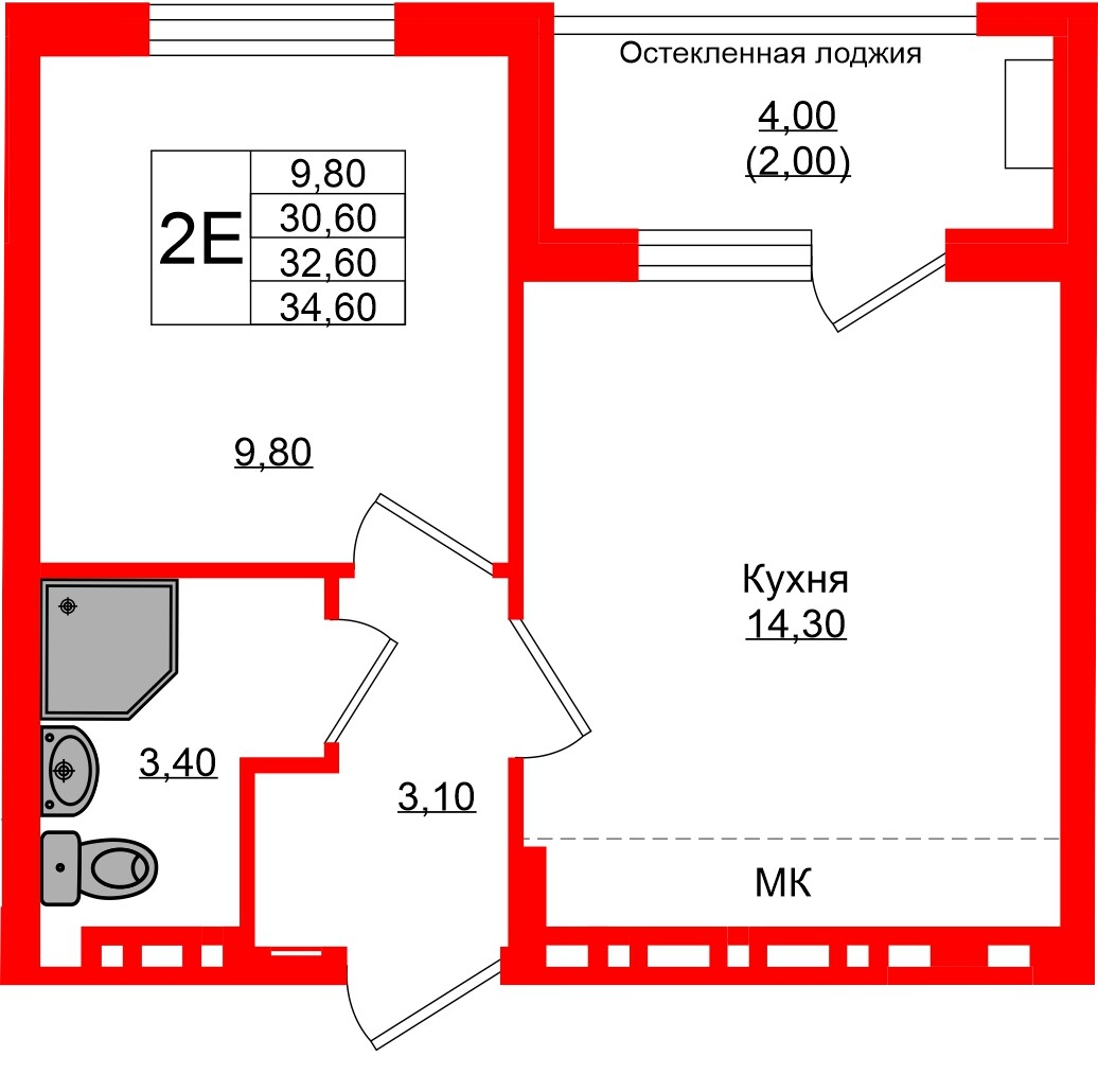 Квартира в ЖК «Кроны и Волны», 1 комнатная, 32.6 м², 4 этаж