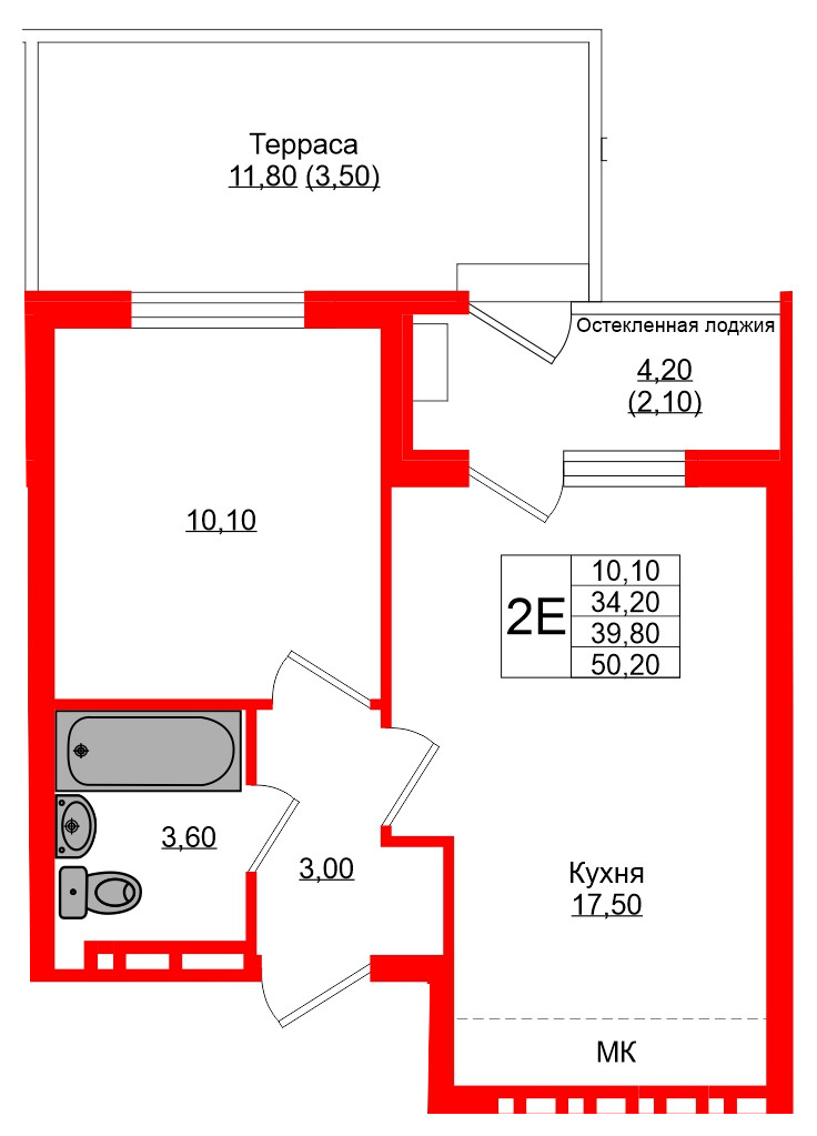 Квартира в ЖК Кроны и Волны, 1 комнатная, 39.8 м², 1 этаж