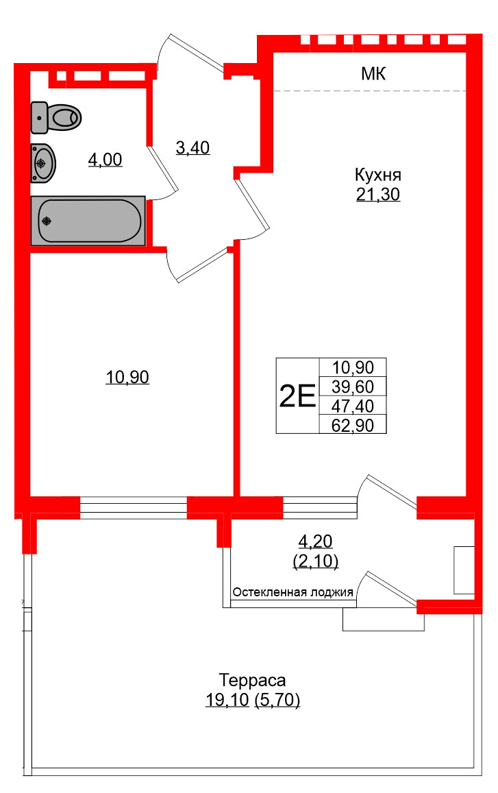 Квартира в ЖК Кроны и Волны, 1 комнатная, 47.4 м², 1 этаж