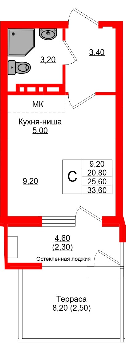 Квартира в ЖК «Кроны и Волны», студия, 25.6 м², 1 этаж