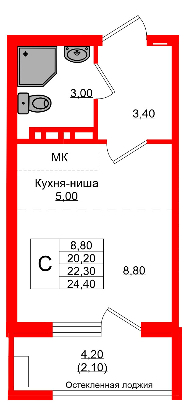 Квартира в ЖК Кроны и Волны, студия, 22.3 м², 2 этаж