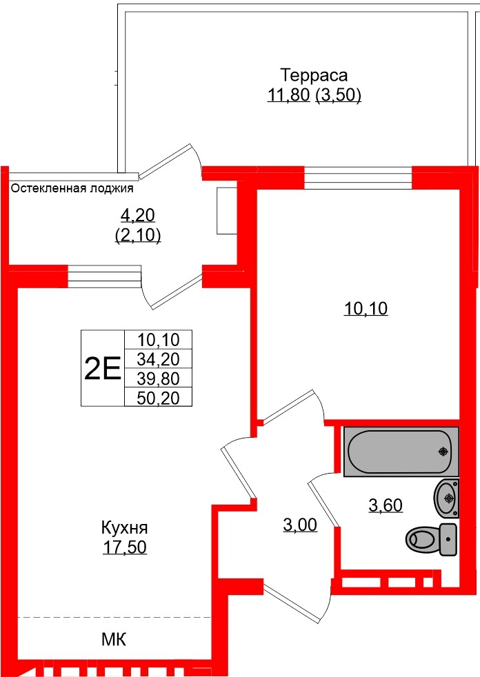 Квартира в ЖК Кроны и Волны, 1 комнатная, 39.8 м², 1 этаж