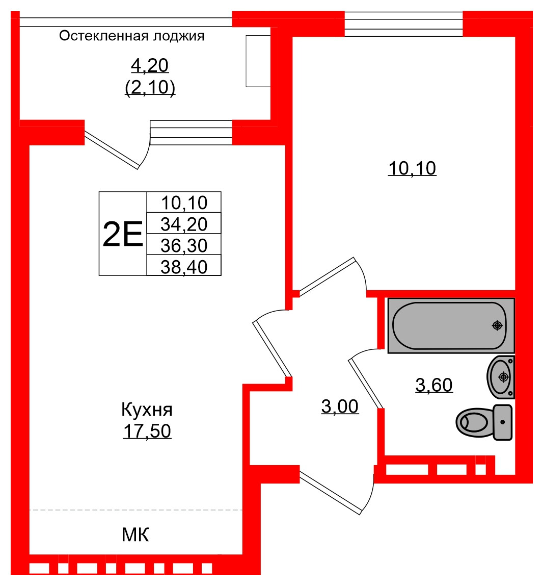 Квартира в ЖК Кроны и Волны, 1 комнатная, 36.3 м², 2 этаж