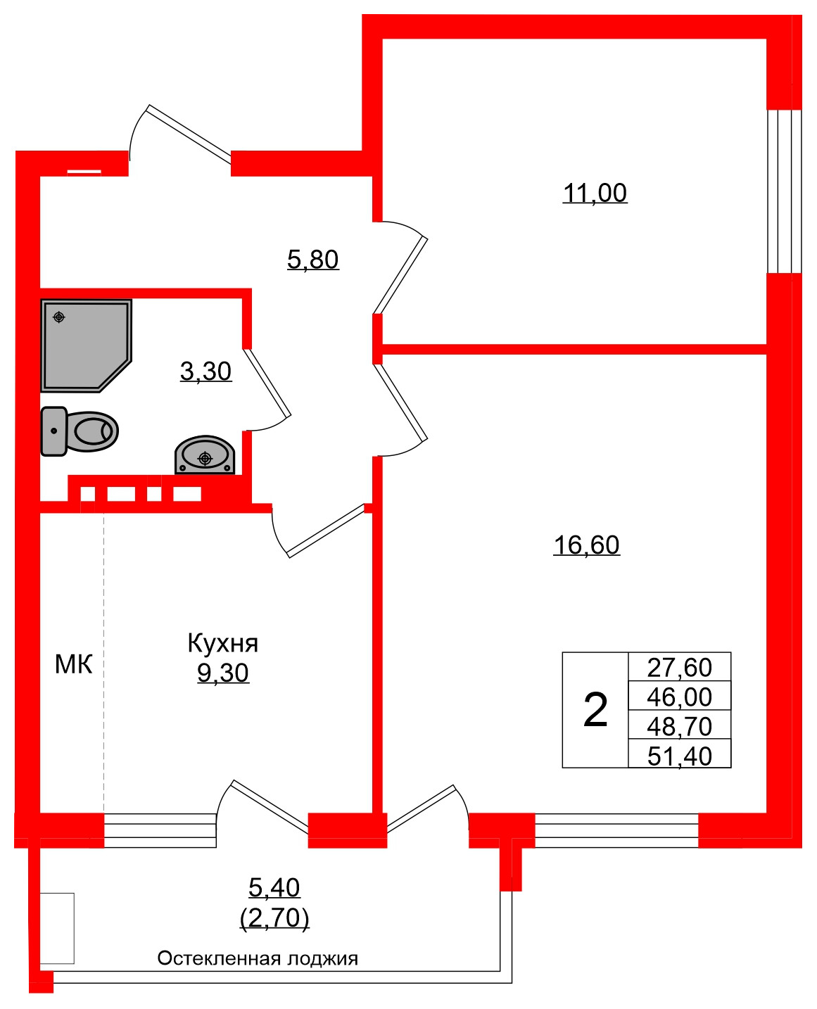 Квартира в ЖК Кроны и Волны, 2 комнатная, 48.7 м², 2 этаж
