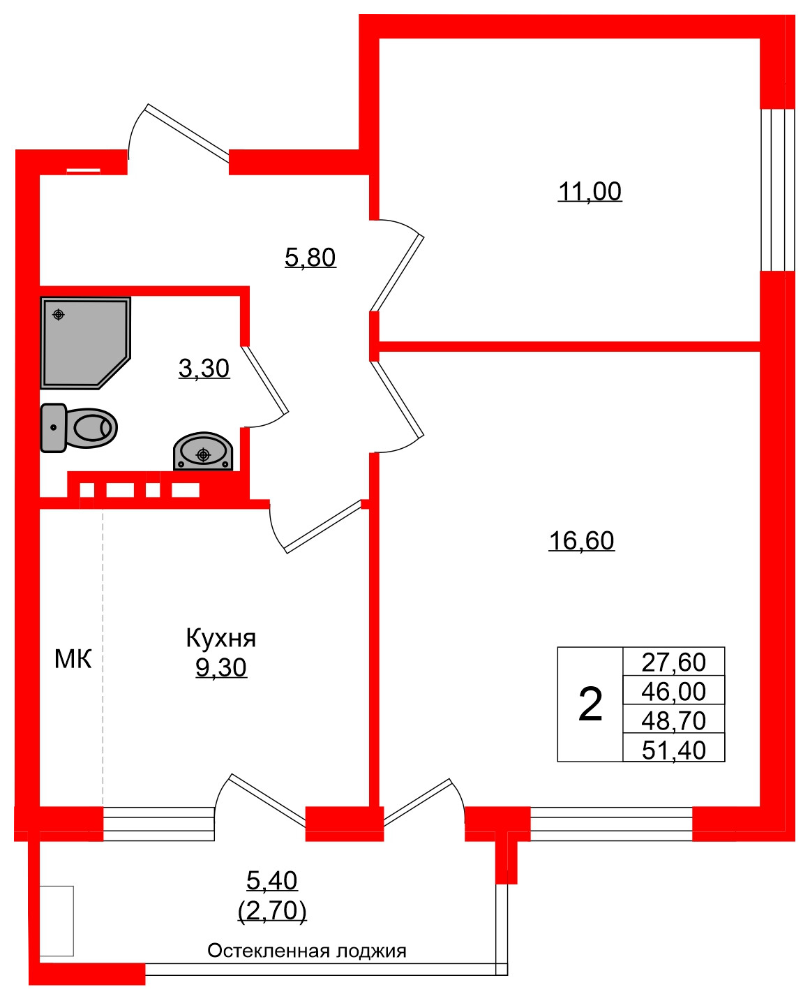 Квартира в ЖК Кроны и Волны, 2 комнатная, 48.7 м², 3 этаж