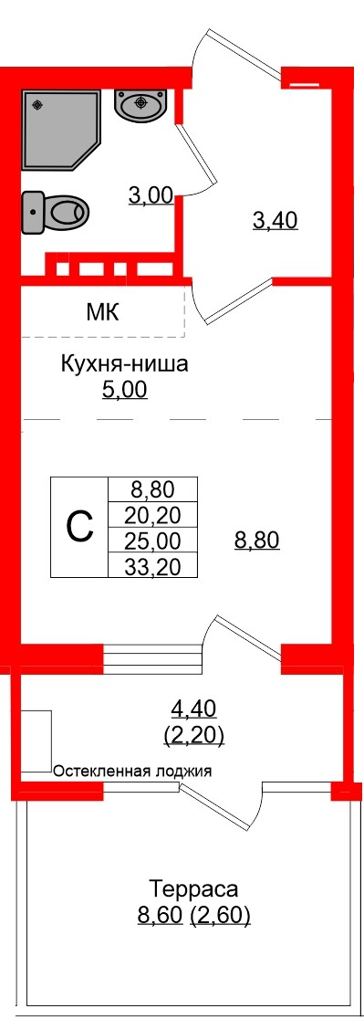 Квартира в ЖК «Кроны и Волны», студия, 25 м², 1 этаж