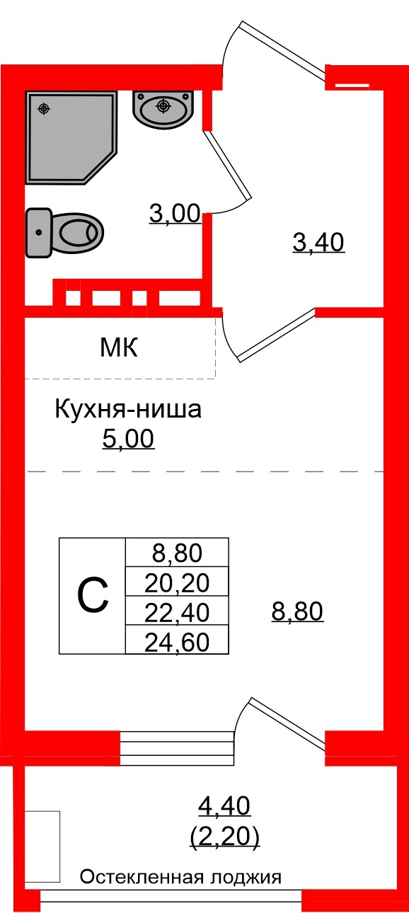 Квартира в ЖК Кроны и Волны, студия, 22.4 м², 2 этаж