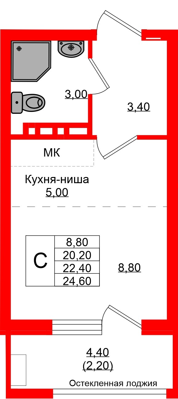 Квартира в ЖК Кроны и Волны, студия, 22.4 м², 3 этаж