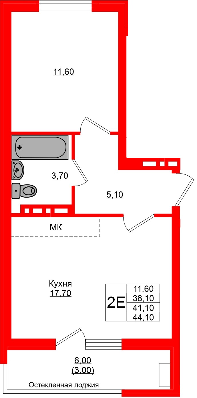 Квартира в ЖК Кроны и Волны, 1 комнатная, 41.1 м², 3 этаж