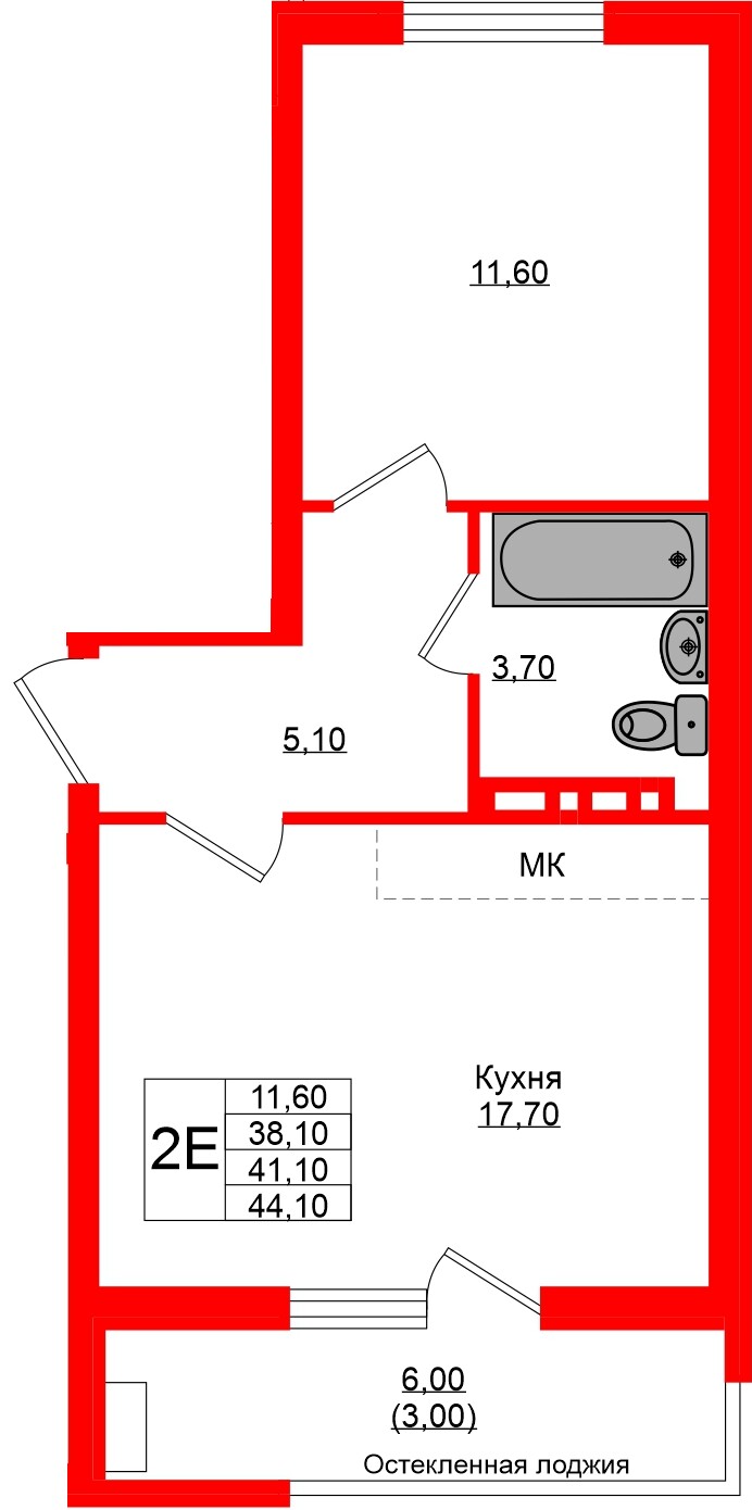 Квартира в ЖК Кроны и Волны, 1 комнатная, 41.1 м², 2 этаж
