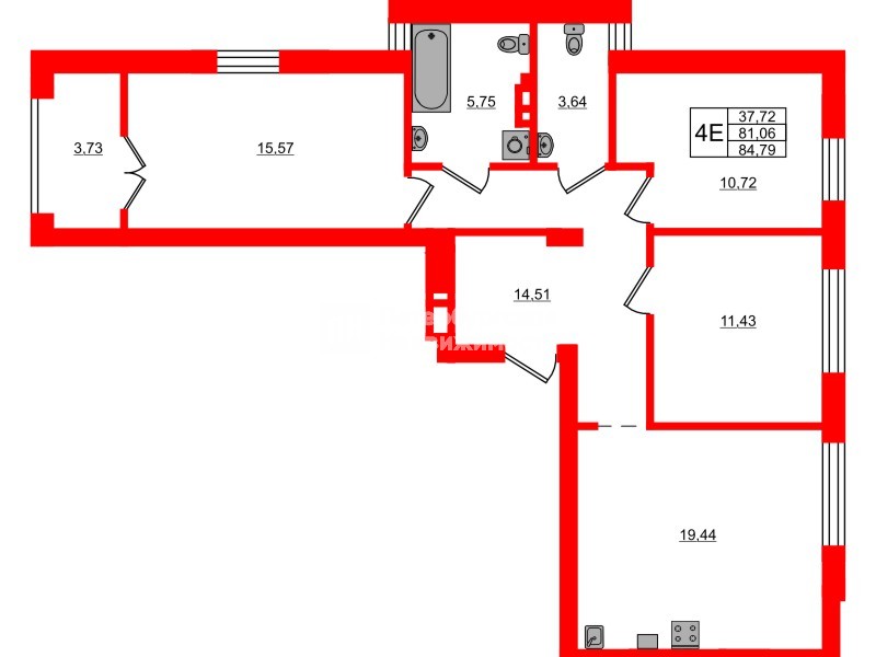 Квартира в ЖК «Включи», 3 комнатная, 84.79 м², 5 этаж
