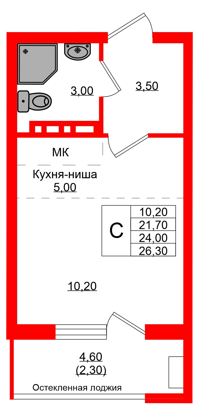 Квартира в ЖК Кроны и Волны, студия, 24 м², 2 этаж