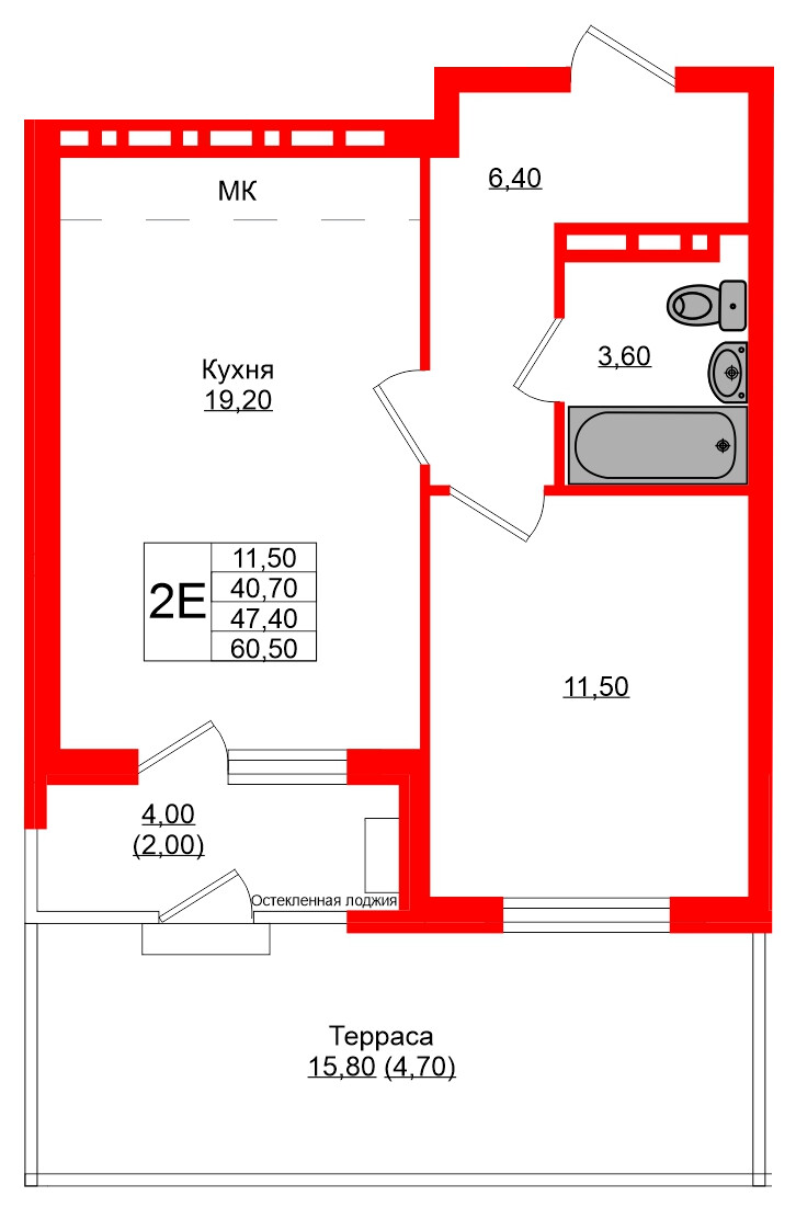 Квартира в ЖК Кроны и Волны, 1 комнатная, 47.4 м², 1 этаж