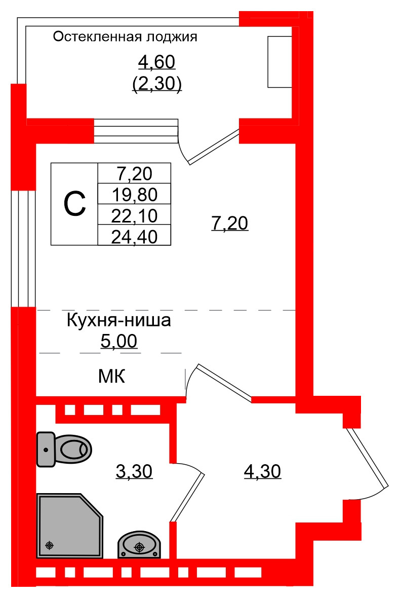 Квартира в ЖК Кроны и Волны, студия, 22.1 м², 2 этаж