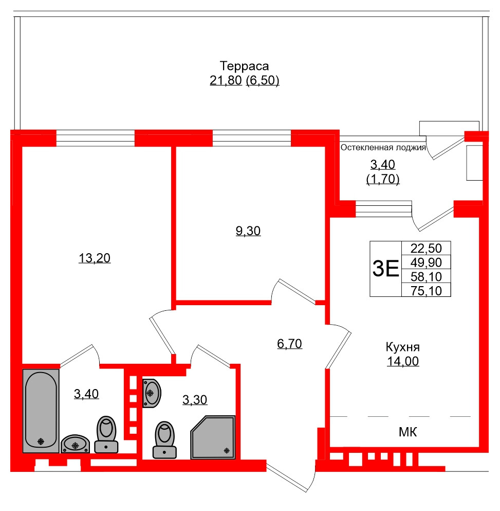 Квартира в ЖК Кроны и Волны, 2 комнатная, 58.1 м², 1 этаж