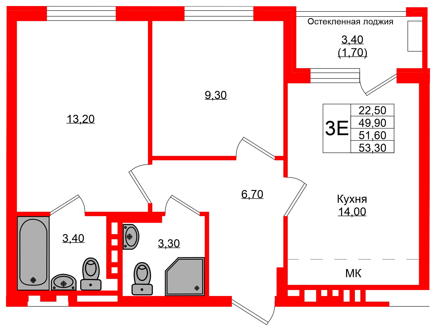 Квартира в ЖК Кроны и Волны, 2 комнатная, 51.6 м², 2 этаж