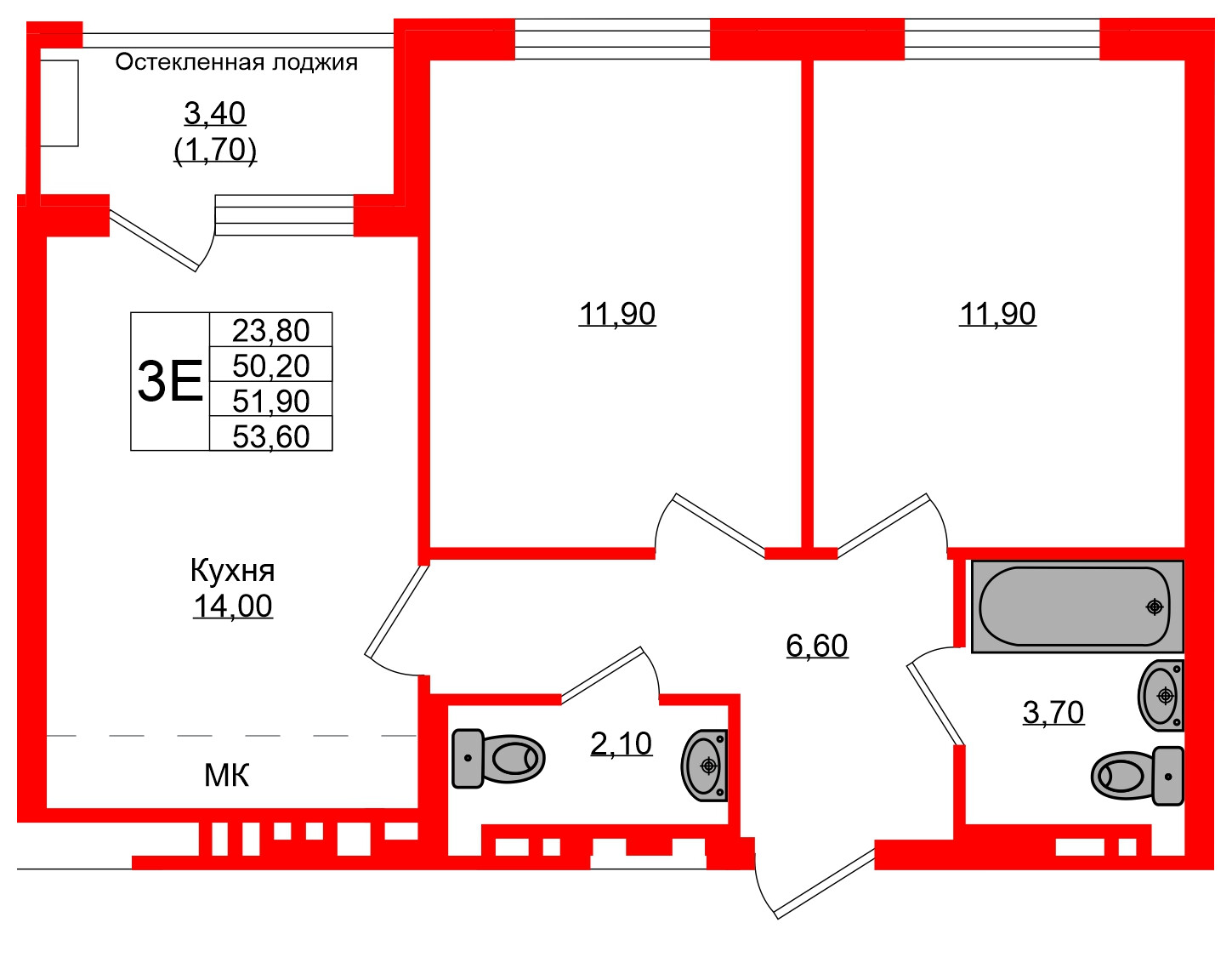 Квартира в ЖК Кроны и Волны, 2 комнатная, 51.9 м², 3 этаж