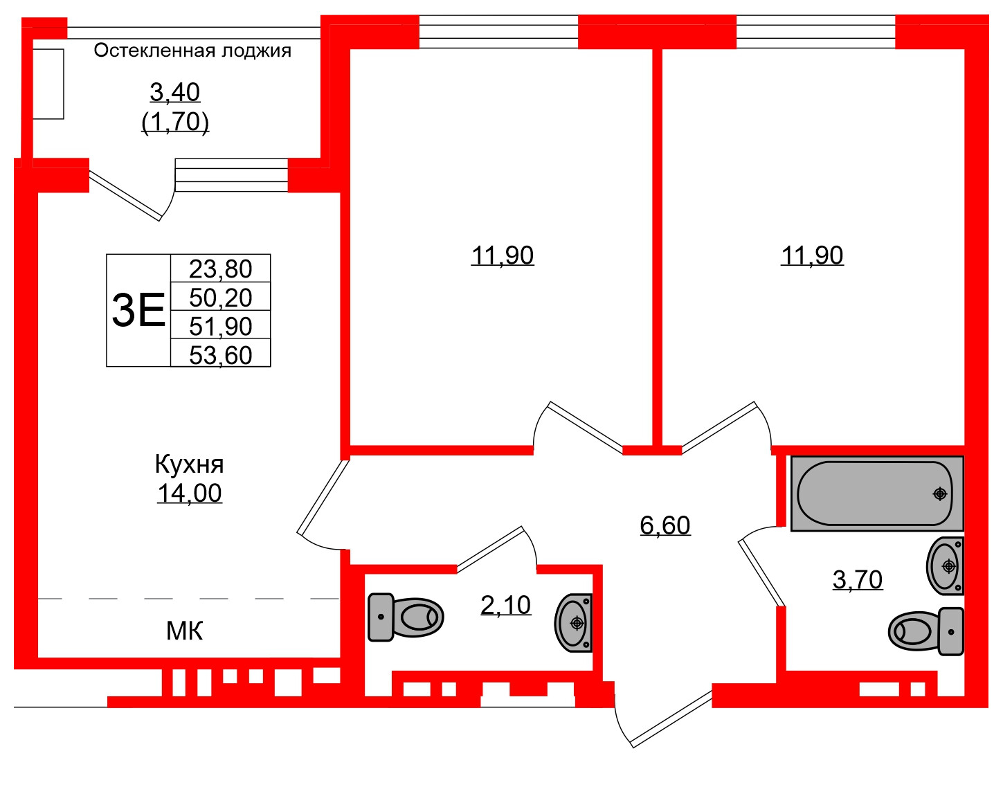 Квартира в ЖК Кроны и Волны, 2 комнатная, 51.9 м², 4 этаж