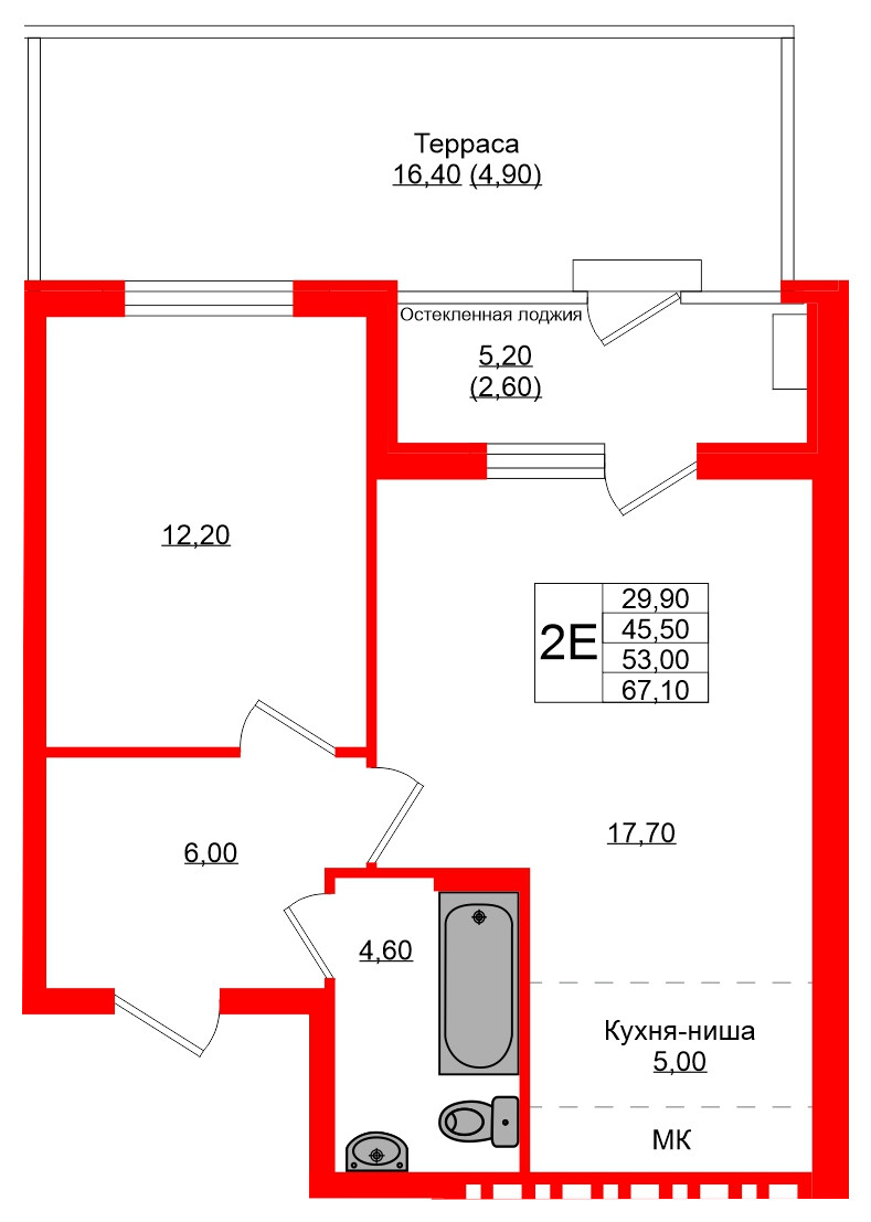 Квартира в ЖК Кроны и Волны, 2 комнатная, 53 м², 1 этаж