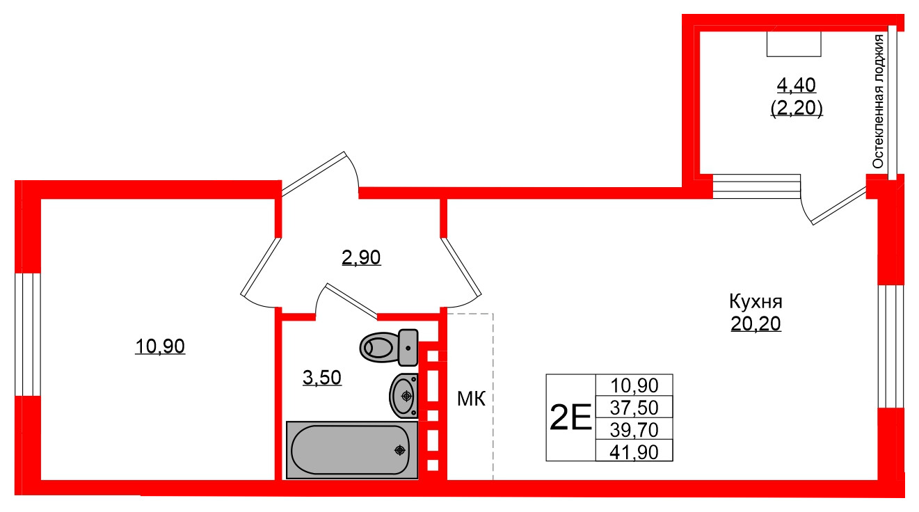 Квартира в ЖК Кроны и Волны, 1 комнатная, 39.7 м², 2 этаж