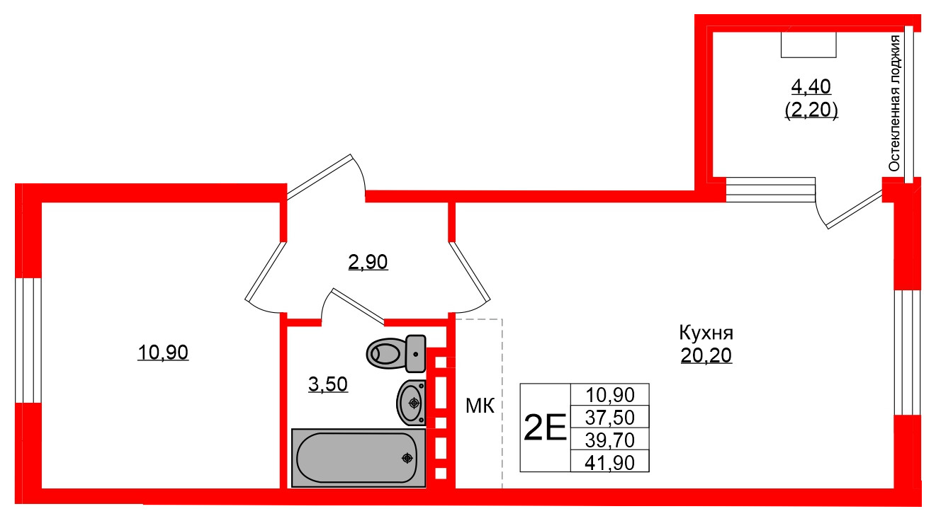 Квартира в ЖК Кроны и Волны, 1 комнатная, 39.7 м², 4 этаж