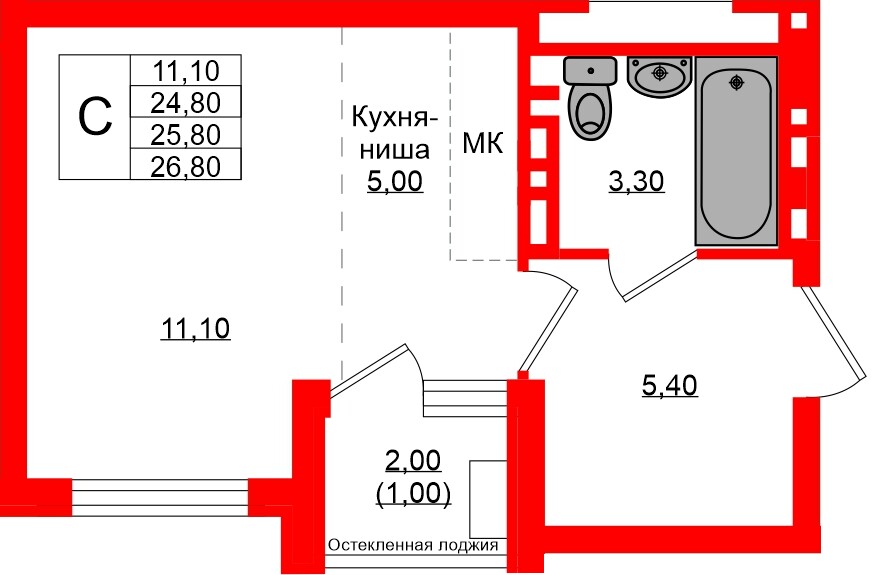 Квартира в ЖК Кроны и Волны, студия, 25.8 м², 2 этаж