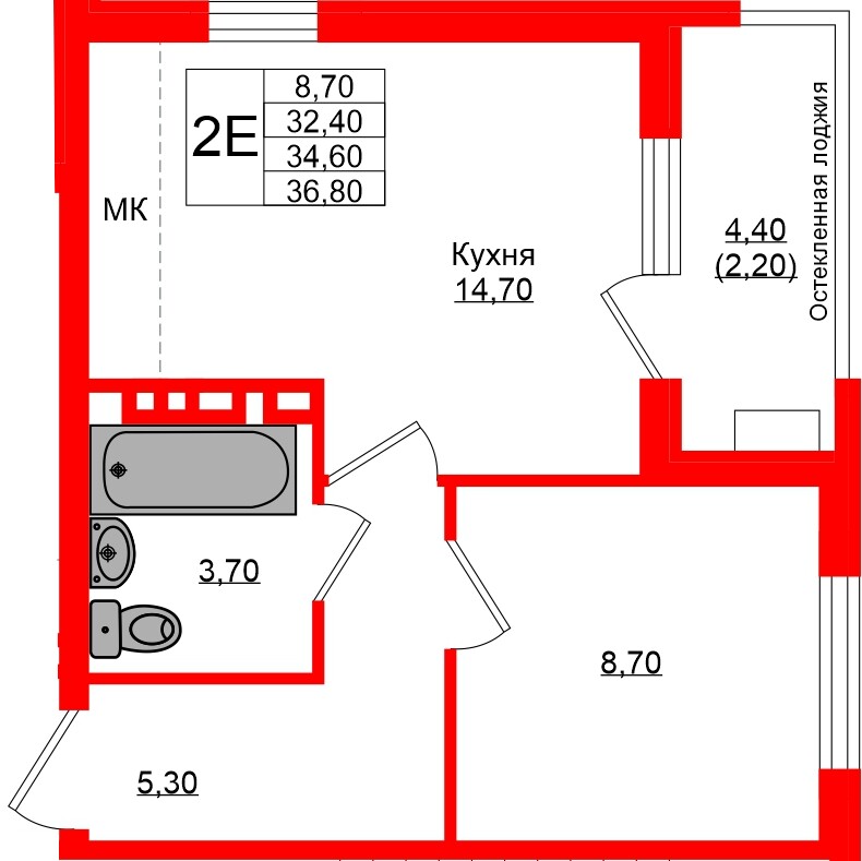 Квартира в ЖК Кроны и Волны, 1 комнатная, 34.6 м², 4 этаж