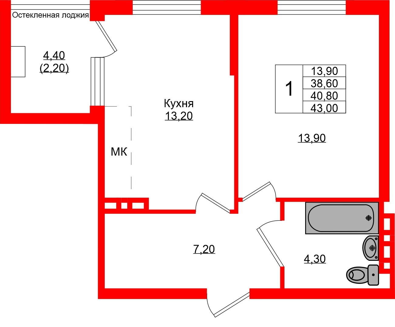 Квартира в ЖК Кроны и Волны, 1 комнатная, 40.8 м², 2 этаж