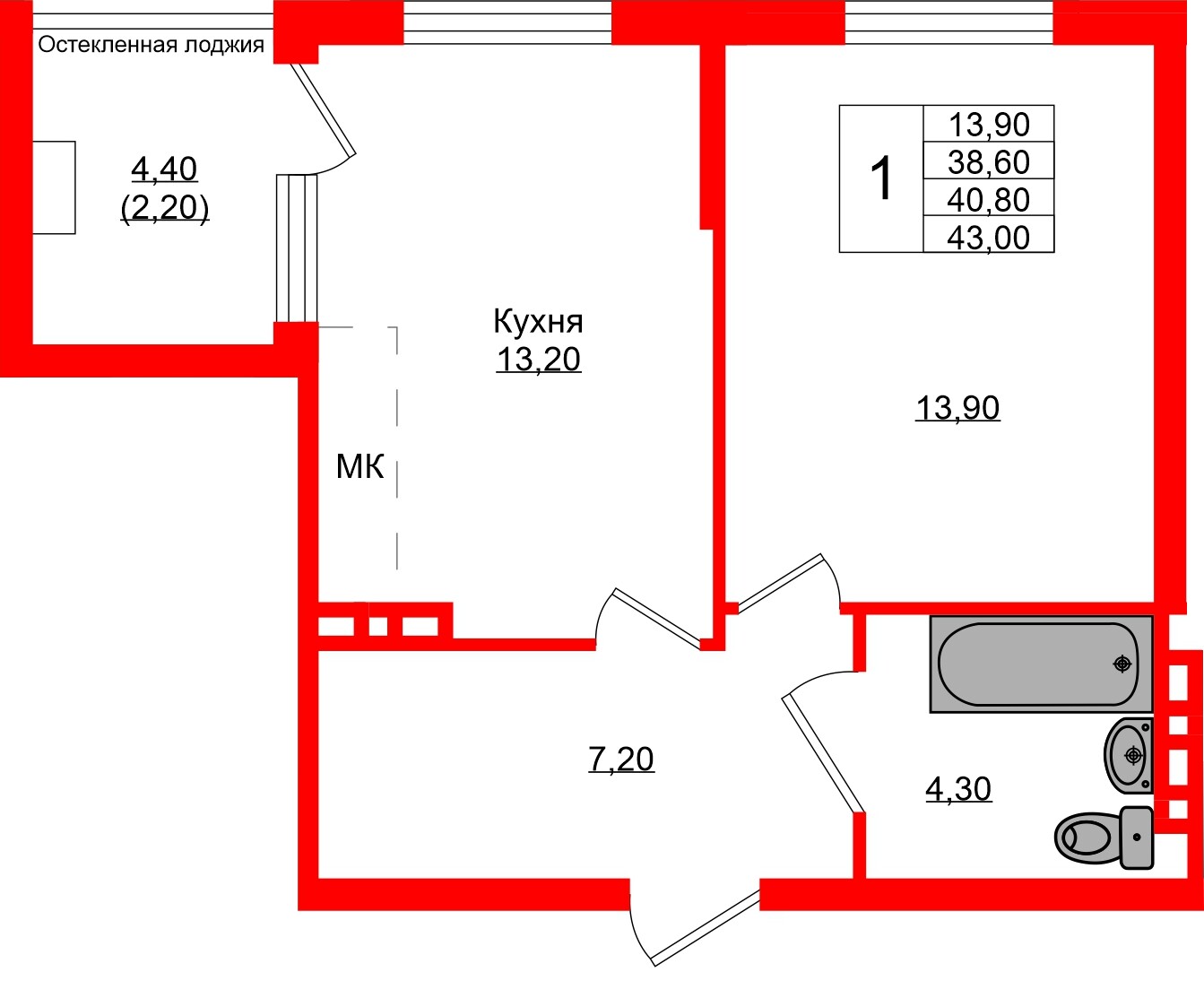 Квартира в ЖК Кроны и Волны, 1 комнатная, 40.8 м², 3 этаж