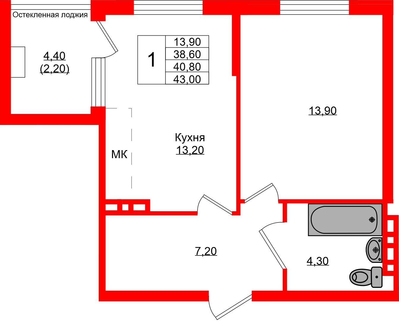 Квартира в ЖК Кроны и Волны, 1 комнатная, 40.8 м², 4 этаж