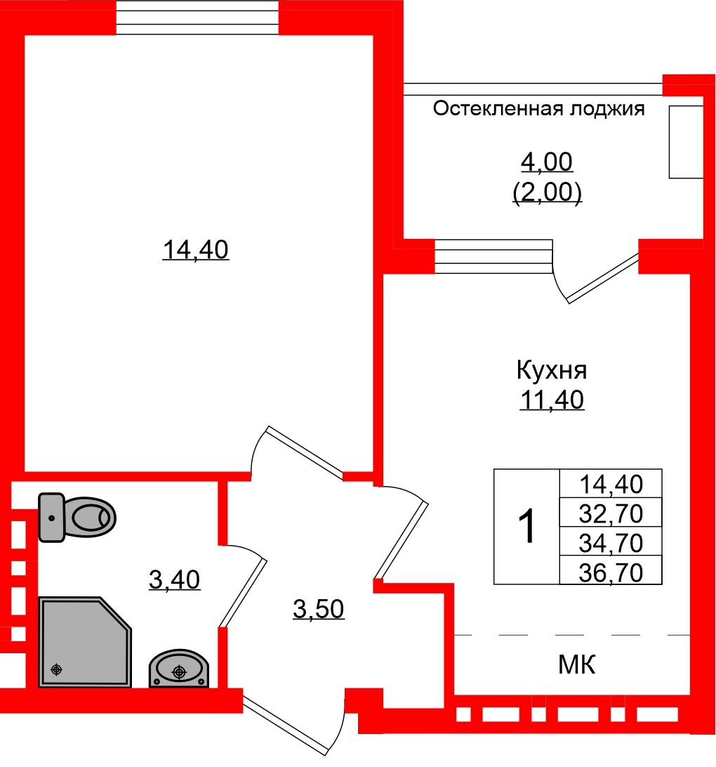 Квартира в ЖК Кроны и Волны, 1 комнатная, 34.7 м², 4 этаж