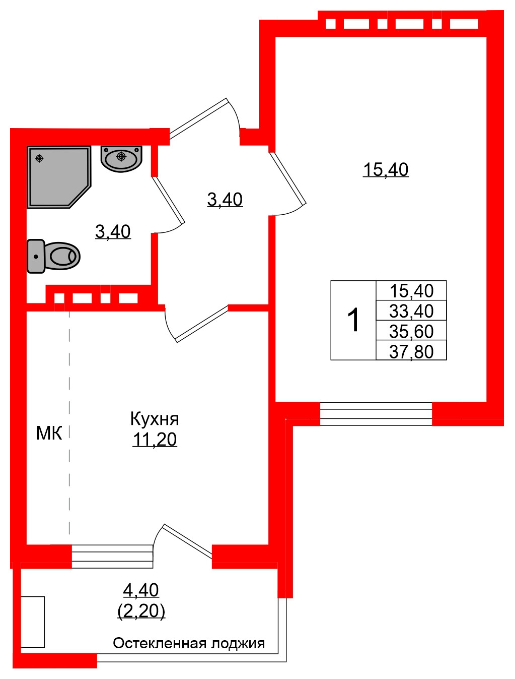 Квартира в ЖК Кроны и Волны, 1 комнатная, 35.6 м², 1 этаж