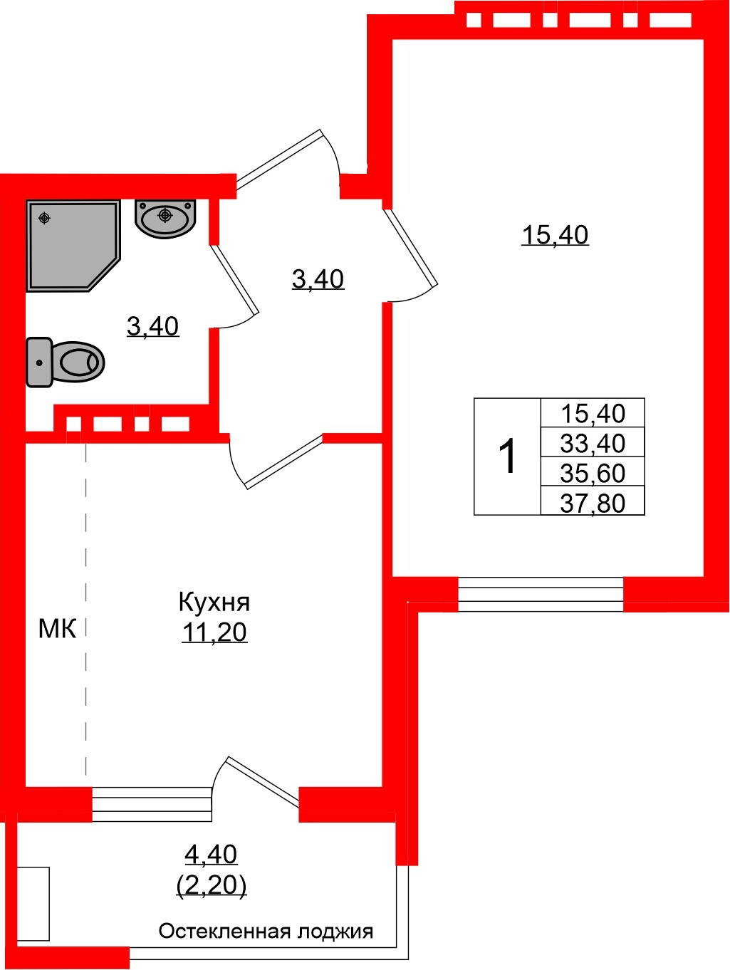 Квартира в ЖК Кроны и Волны, 1 комнатная, 35.6 м², 3 этаж