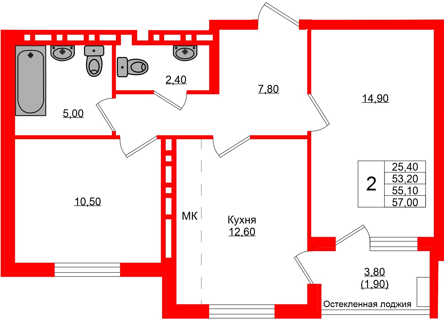 Квартира в ЖК Кроны и Волны, 2 комнатная, 55.1 м², 2 этаж