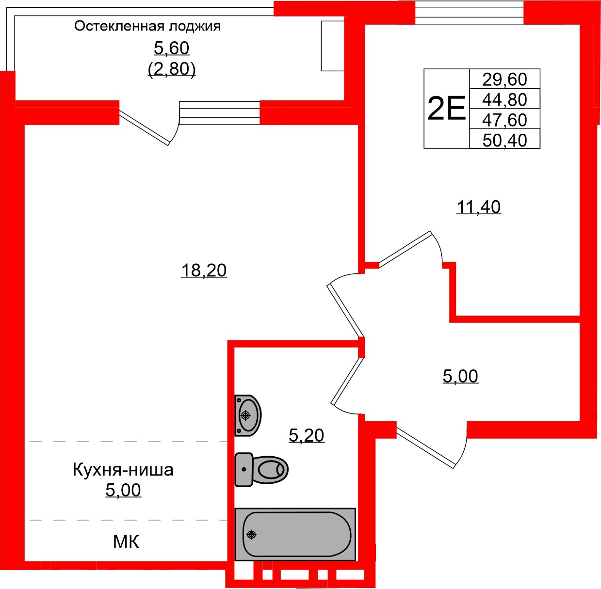 Квартира в ЖК Кроны и Волны, 2 комнатная, 47.6 м², 4 этаж
