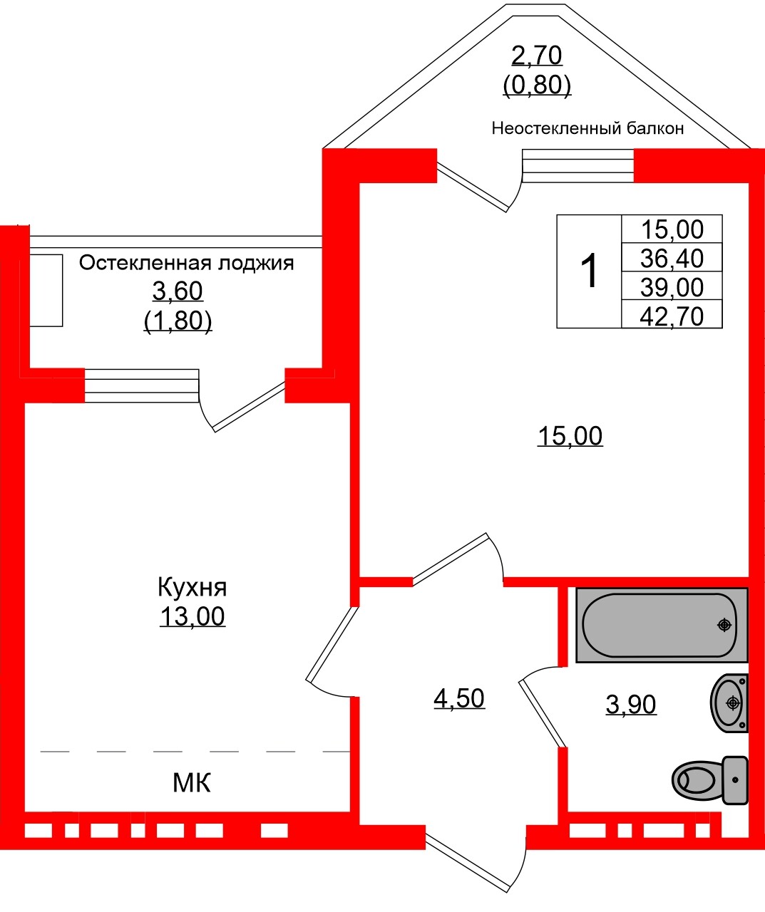 Квартира в ЖК Кроны и Волны, 1 комнатная, 39 м², 2 этаж