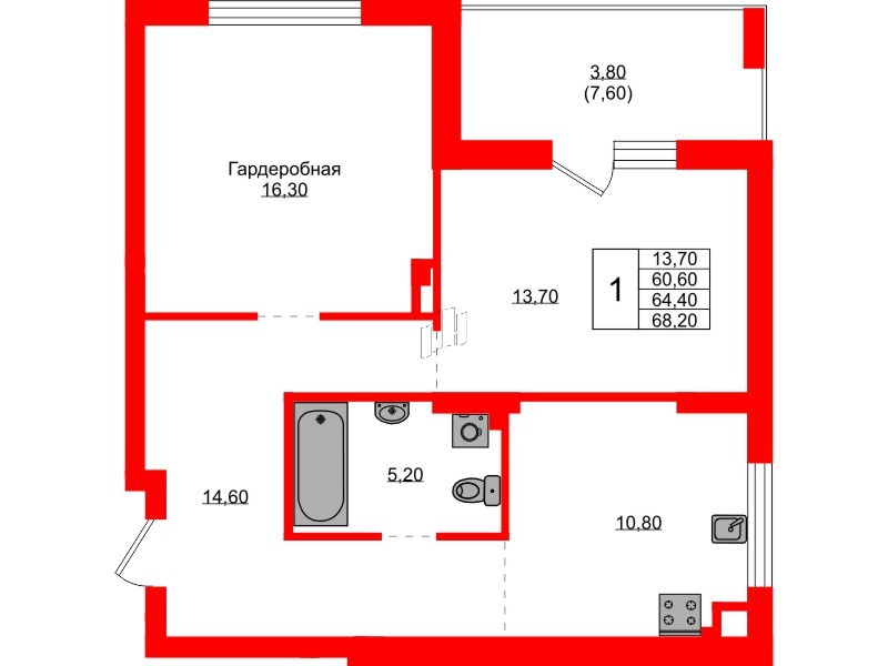 Квартира в ЖК Васильки, 1 комнатная, 64.4 м², 1 этаж