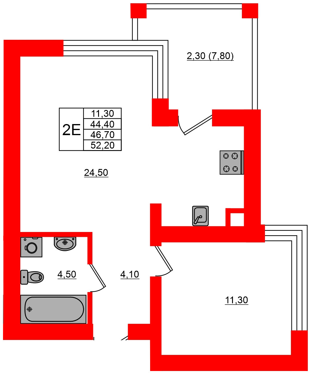 Квартира в ЖК Парковый, 1 комнатная, 46.7 м², 1 этаж